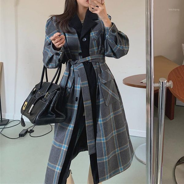 

plaid woolen coat women overcoat autumn winter fashion fake two lattice double breasted lapel long sleeve woolen cloth oat1, Black