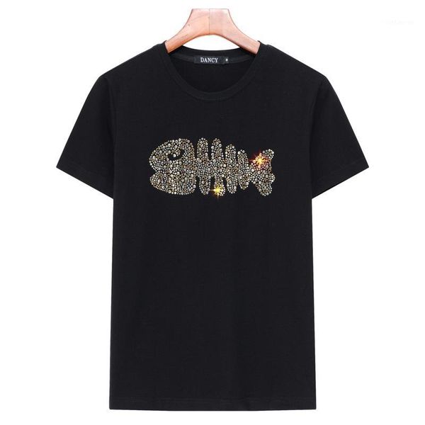 

big size bone fish drilling t shirt cotton rhinestone bone fish t shirt tee fashion plus size t-shirt1, White;black