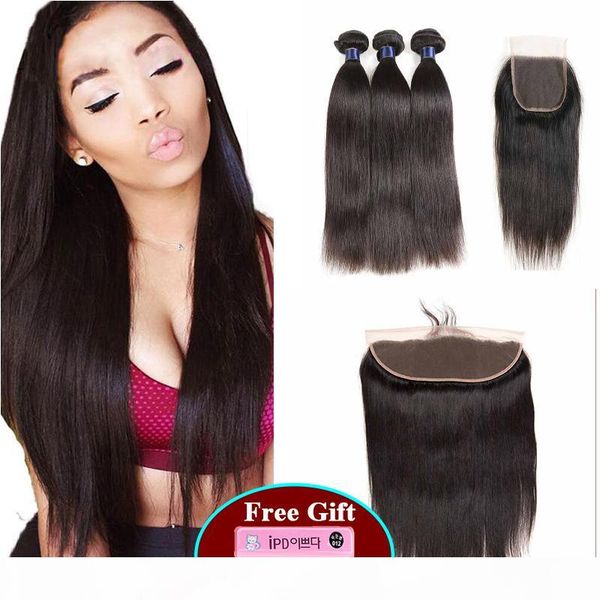 

шнурок закрытие с бразильские волосы пучки straight remy человеческих волос weave с фронтальным straight волос девственницы индийский малази, Black;brown