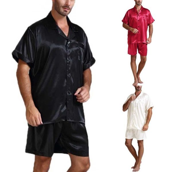 

mens silk satin pajamas short sleeve pajama set button-down sleepwear loungewear nightwear +shorts 2pcs black white -3xl, Black;brown