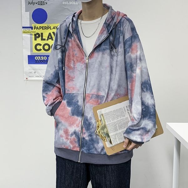 

spring and autumn ins fashion tie dyed jacket men's loose korean fashion versatile student cardigan hooded sports sweater, Black