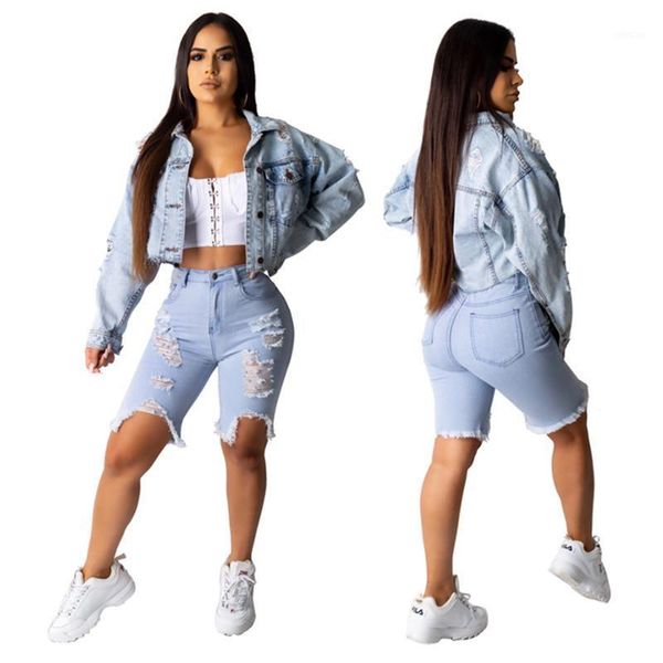 

women's casual denim hole short ripped jacket1, Black;brown