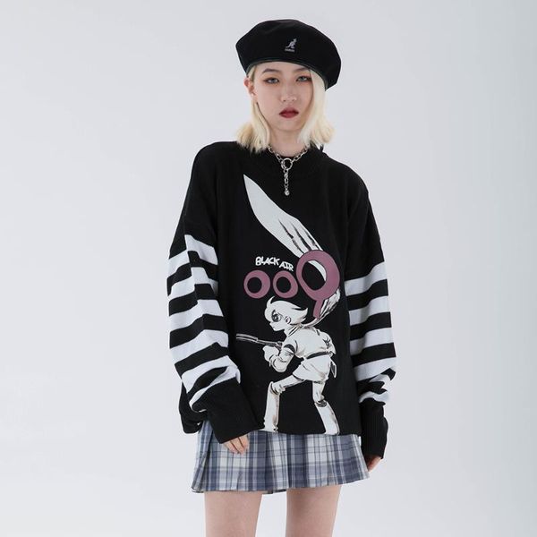 

designer striped funny cute graphic winter clothes women 2021 oversized sweaters long sleeve korean fashion new streetwear, White;black