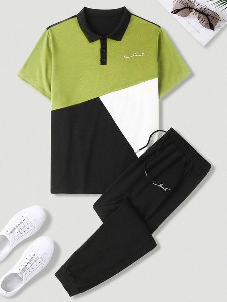 

men letter graphic colorblock polo shirt & drawstring waist sweatpants z0cx#, Gray