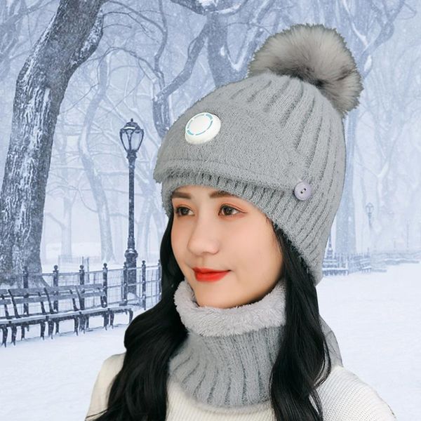 

girl women daily winter fleece lined running outdoor sports ski hat warm beanie scarf mouth cover set cycling knitting climbing, Blue;gray