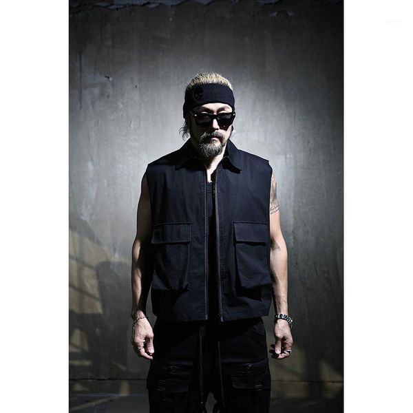 

men's new zipper big pocket loose fashion vest short black dark high street work clothes hip hop street1, Black;white