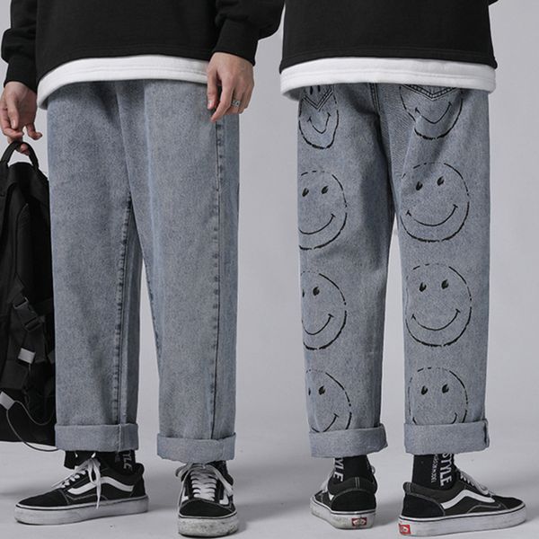 

men's urban washed loose jeans, smiling face pattern, hip hop, harajuku, Blue