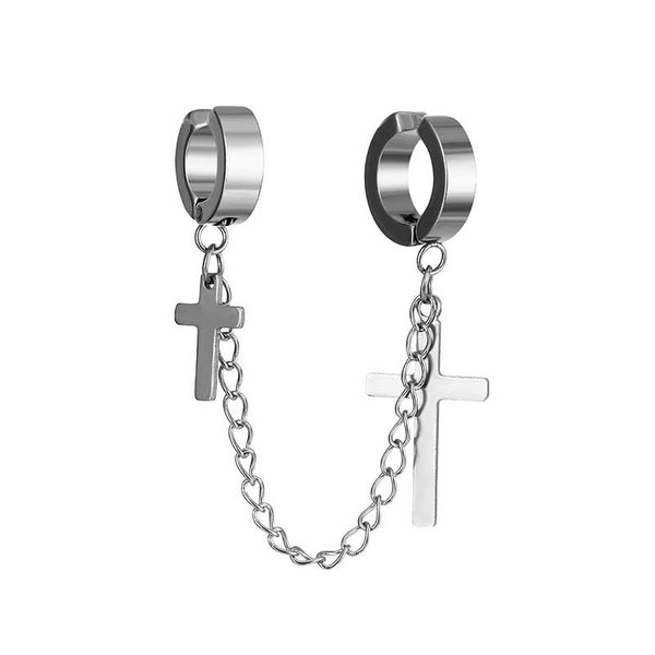 

dangle & chandelier stainless steel chain tassel fake piercing earrings crosses for women men punk earings girls clip on fashion jewelry, Silver