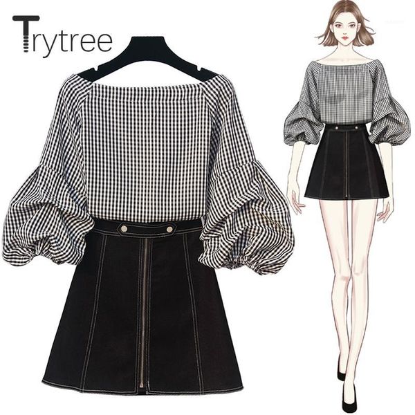 

trytree summer autumn women two piece set casual plaid slash neck + skirt denim mini skirt female suit set 2 piece1, Gray