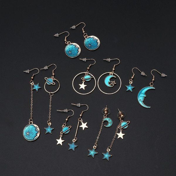 

blue planet moon star mismatch long chain drop earrings women fashion jewelry, Silver