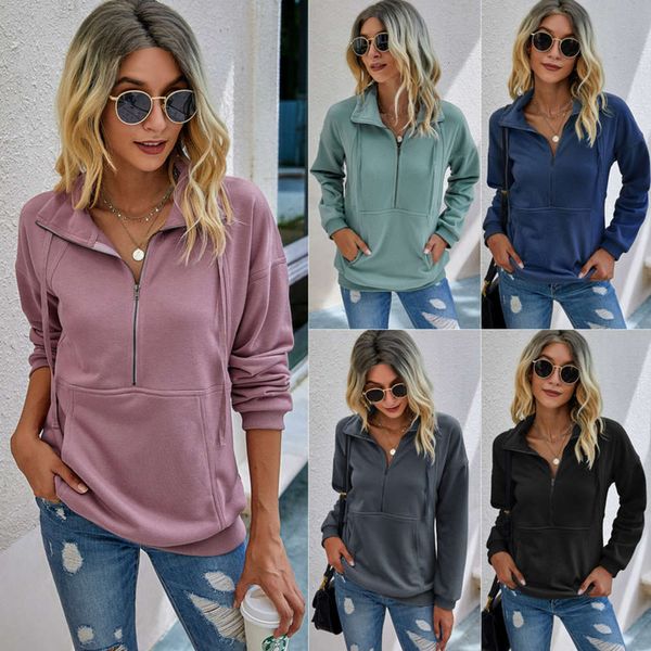 

solid color zipper pocket pullover autumn women's sweater wy203s4058, Black