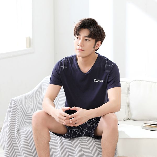 

sleepwear plus size male nightwear suit summer knitted cotton mens pajamas short sleeve round neck loose thin leisure homewear lj201113, Black;brown