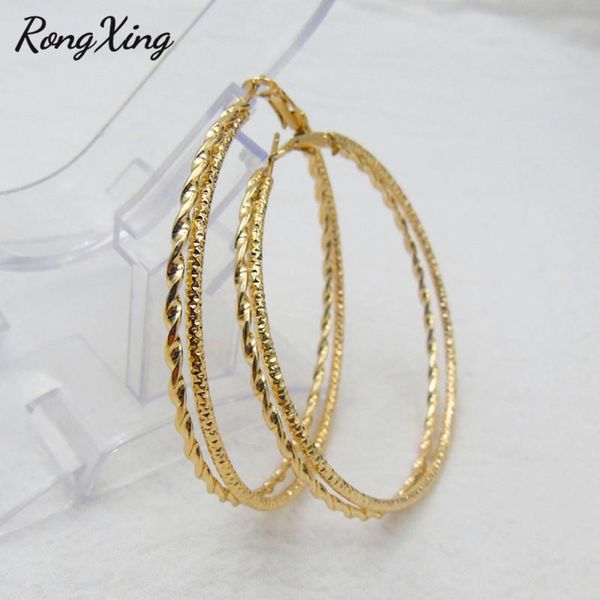 

hoop & huggie rongxing hip hop style double layers big round circle earrings for women gold/silver color luxury party jewelry ladies gift, Golden;silver