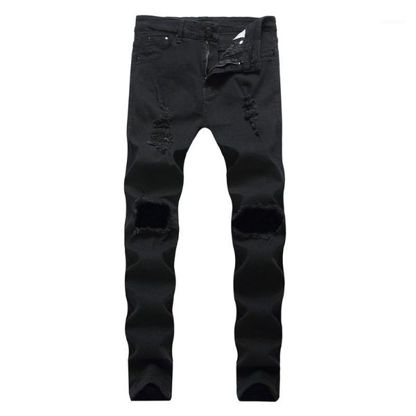 

mens ripped slim fit motorcycle holes denim jeans zipper streetwear pants 2019 new fashion male winter pencil casual pants1, Blue