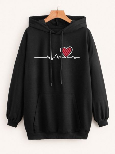 

heart print kangaroo pocket drop shoulder drawstring hoodie 30ht#, White;black