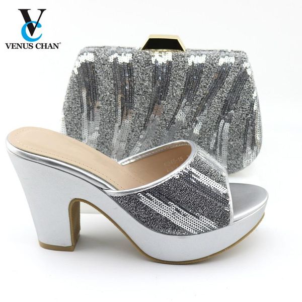 

italian women shoes and bag set in silver color 2020 new design shoes matching bag for silver wedding, Black