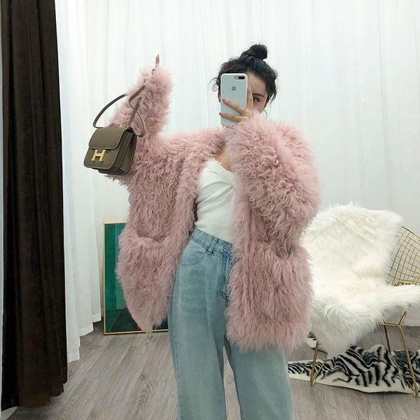 

women 2021 autumn winter new fashion faux fur coats female long hair imitation wool hairy fur coat parkas casual loose c1401, Black