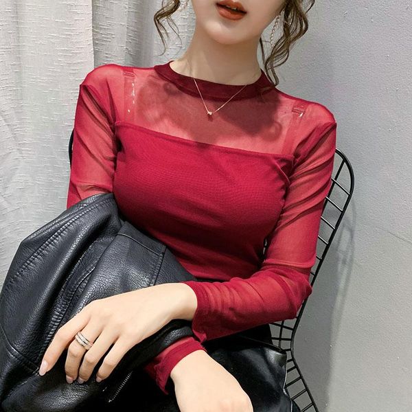 

2020 little mesh spliced long sleeves basic half turtleneck t shirt, White