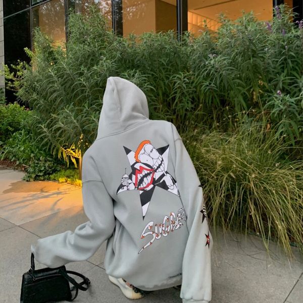 

ch croxin 20fw graffiti net red winter loose hooded sweater with velvet, Black