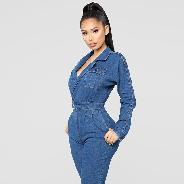 

2020 spring women's denim jumpsuit ladies long-sleeved jeans jumpsuit women casual fashion large size with pockets1, Black;white