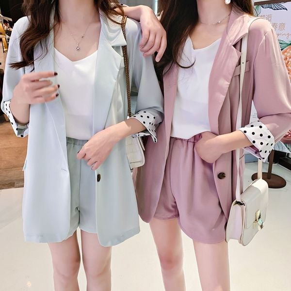 

chiffon two piece thin blazer suits spring summer shorts suits long sleeve casual shorts+blazers 2 piece women's sets jacket 201130, White