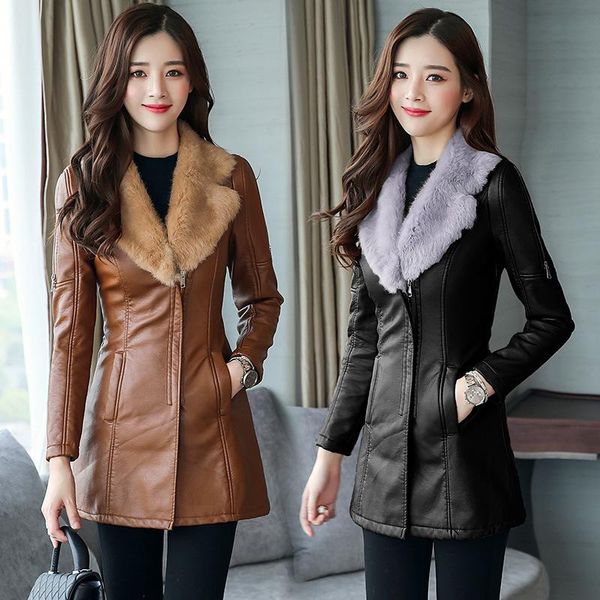 

affection haining leather leather fur coat female long integrated add hair thickening women cultivate morality, Black