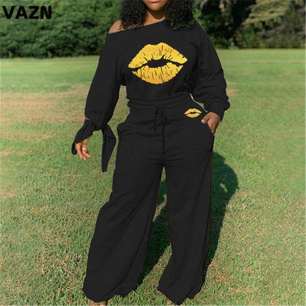 

vazn new 2020 autumn off shoulder cartoon loose office lady full sleeve beach style jumpsuit holiday shinny jumpsuits, Black;white
