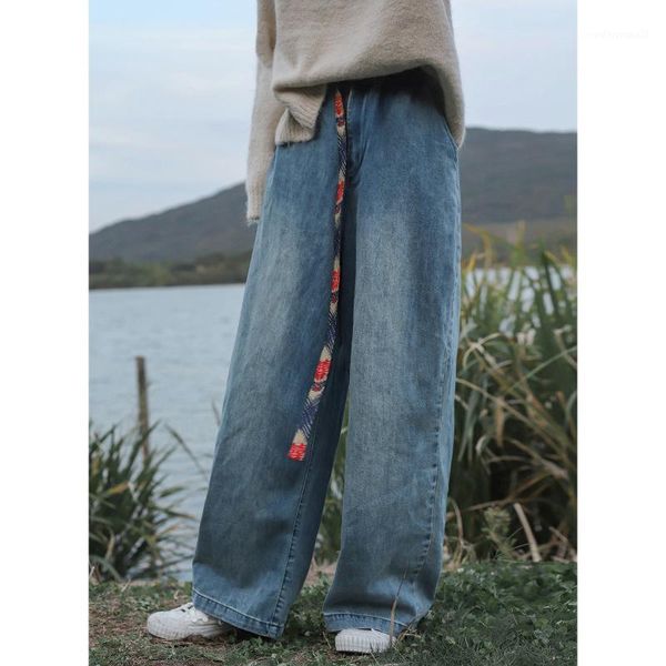 

women's jeans women autumn winter large size retro casual denim pants ladies elastic waist bleached loose all-match trousers1, Blue