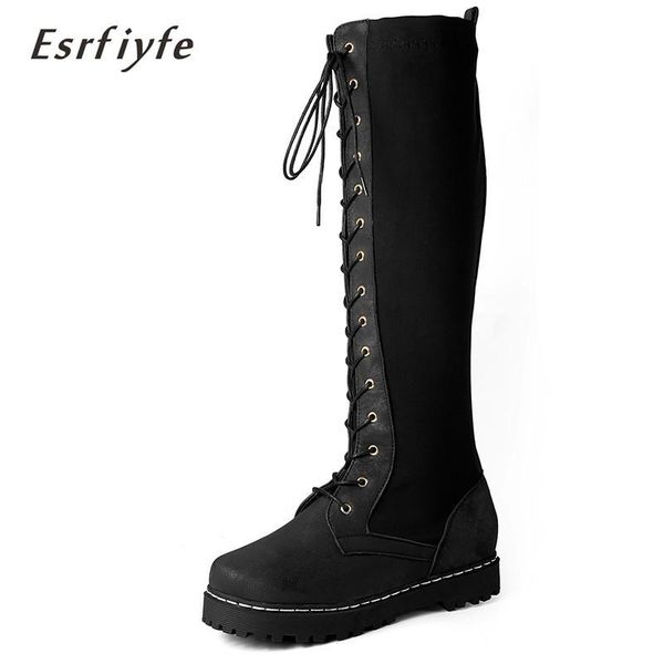 

esrfiyfe 2020 new woman front lace up knee high martin boots winter warm gladiator long booties lady thick heels platform boots, Black