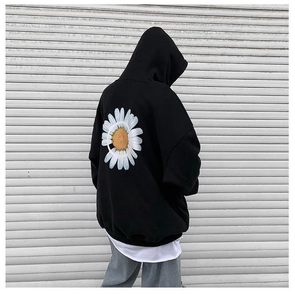 

mens harajuku hoodies fleece thick sweatshirts male autumn korean oversized hoodies streetwear print flower spring casual hooded, Black