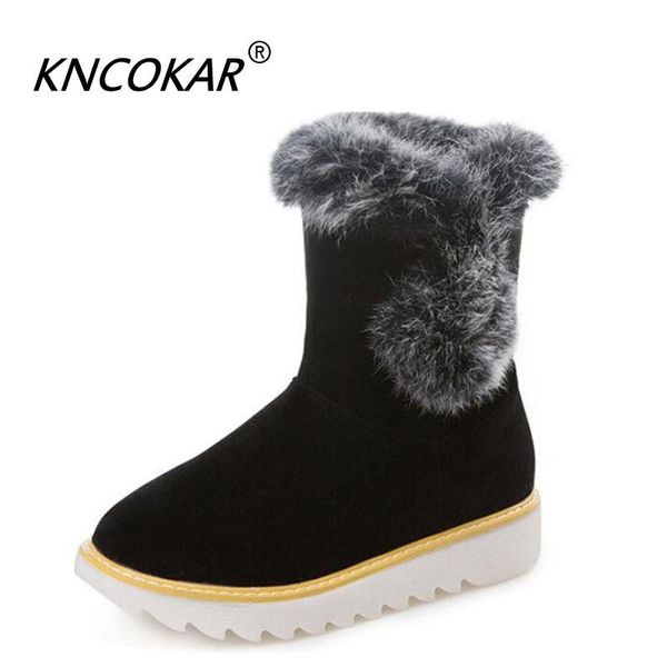 

kncokar winter new european and american fashion ground hair shoes mouth casual flat snow boots round head women's shoes, Black