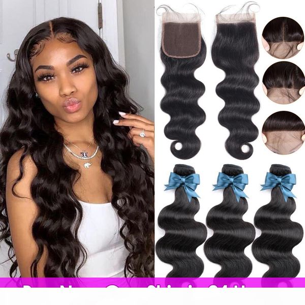 

hair body wave 3 bundles with closure human hair bundles with closure lace closure remy human hair extension, Black