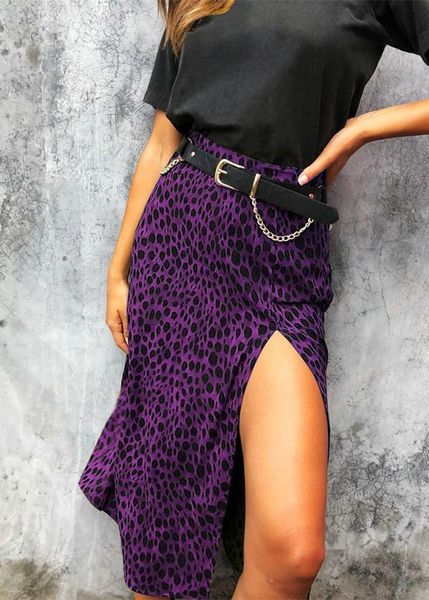 

boho high waist split midi skirts women green purple leopard print casual chic summer skirt high fashion skirt women, Black