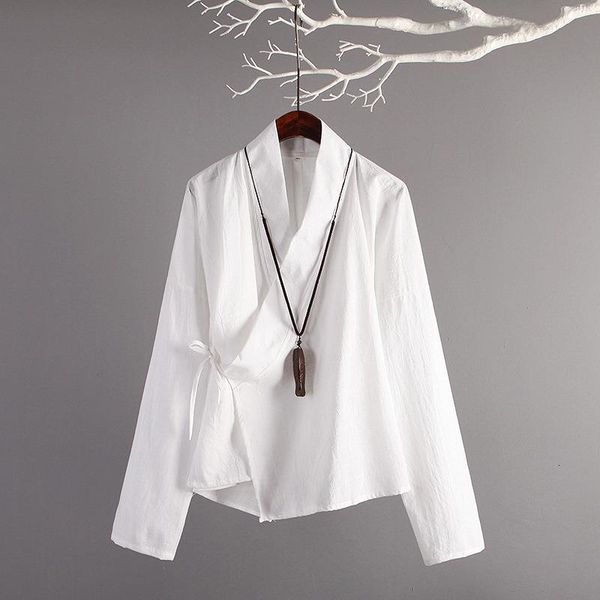 

chinese style retro women blouse autumn cotton linen lace up long sleeve solid casual loose tea blusas female shirts, White