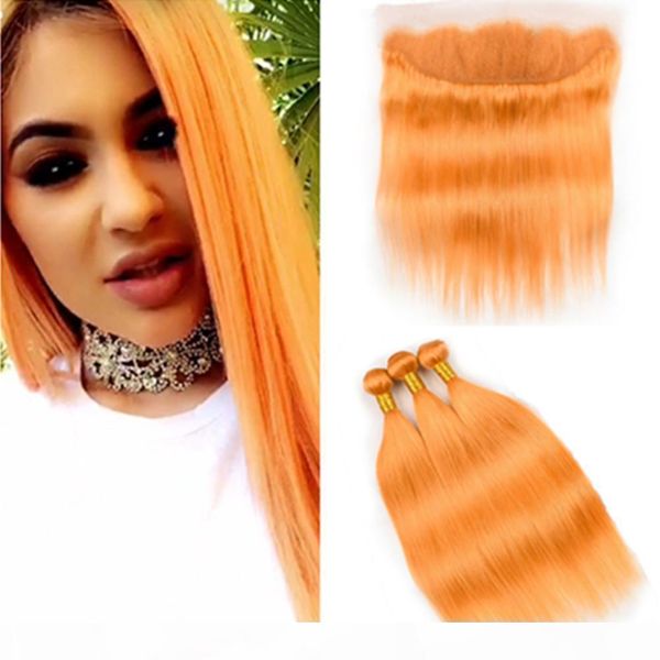 

malaysian pure orange human hair 3bundles with frontal 4pcs lot pure orange straight human hair weave wefts with 13x4 lace frontal closure, Black;brown