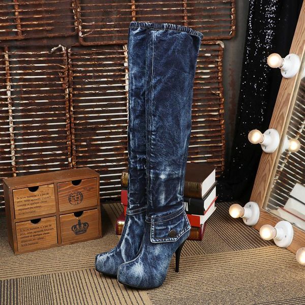 

boots women blue denim long platform 11cm thigh high heels autumn for woman fashion cowgirl bottines mujer botas feminino, Black