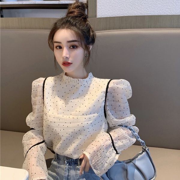 

new autumn 2020 korean style bubble long sleeve wave point slim crew short shirt women's wear