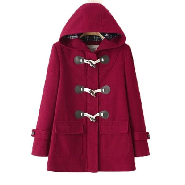 

women's wool & blends winter woolen jacket clothing mid-long hooded horn buckle leisure coat female plus cotton warm college style a660, Black