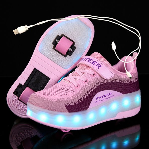 

blue pink black usb charging fashion girls boys led light roller skate shoes for children kids sneakers with two wheels, Black;red