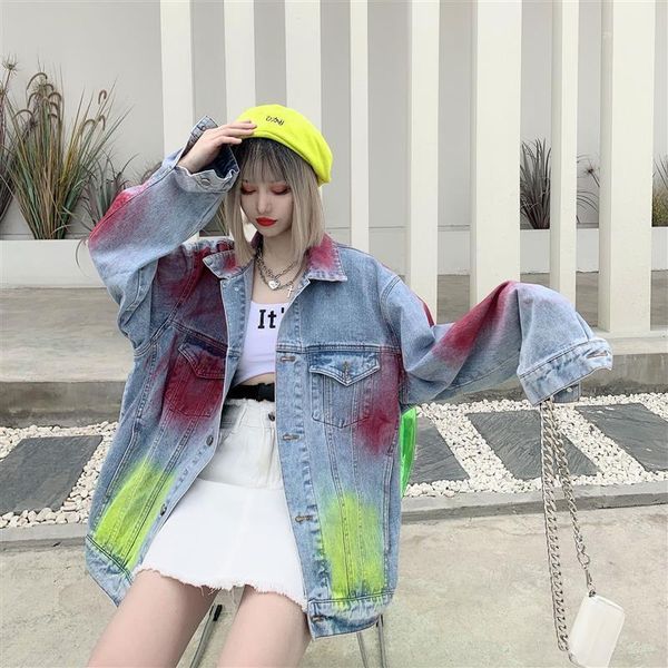 

long denim jacket women vintage streetwear punk style jean jacket casaco feminino women's tie-dye harajuku denim hip hop1, Black;brown
