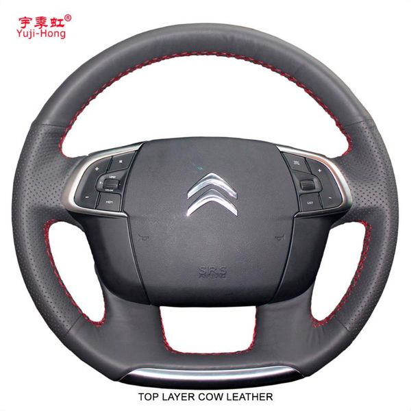 

yuji-hong layer genuine cow leather car steering wheel covers case for c4 c4l 2011-2020 ds4 hand-stitched black