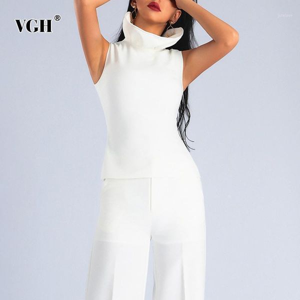

vgh elegant shirt for women turtleneck sleeveless off shouder large size casual shirts female 2020 summer fashion new clothing1, White