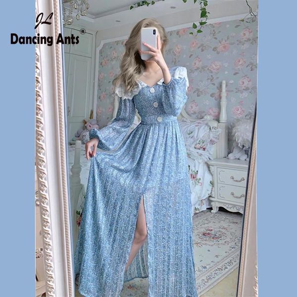 

women vintage dress a-line v-neck mid-calf long lantern sleeve high waist autumn french woman dresses, Black;gray