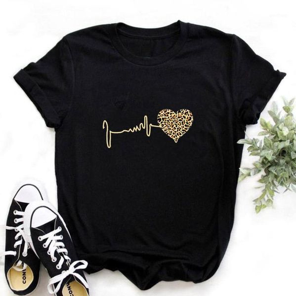 

women's t-shirleopard heartbeat print harajuku t-shirt white o-collar short sleeve t-shirt fashion women tee shirts clothes1