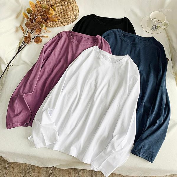 

women basic with o-neck solid long sleeve cotton shirt, White