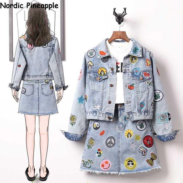 

women's tracksuits european style denim suit fashion outfit women labeling jacket short & jeans pants or skirt 2 -piece set female1, Gray