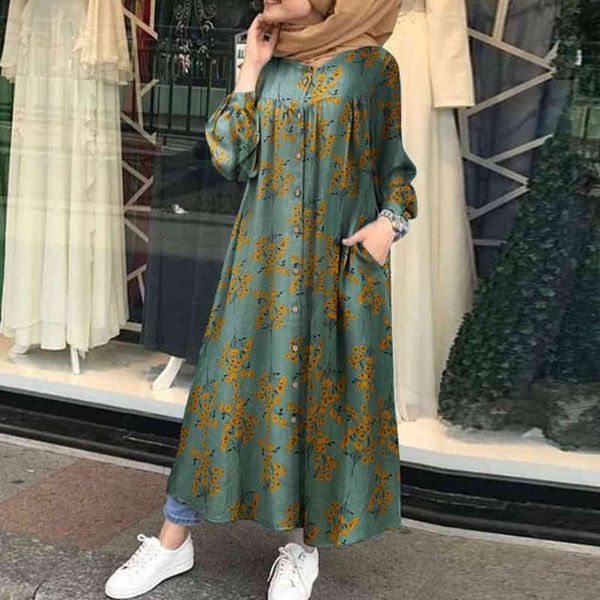 

muslim dress kaftan robe sundress abaya women long sleeve floral printed maxi dress autumn vintage cotton loose vestidos femme, Black;gray