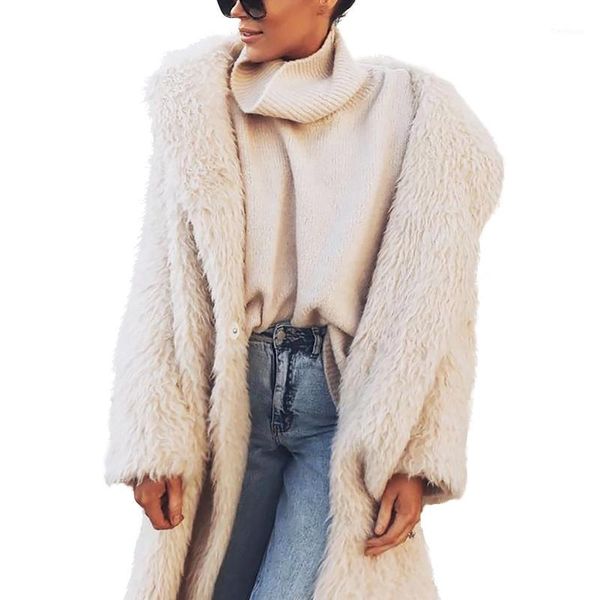 

women auitumn coat fashion warm solid color loose long plush thickened wool coat long-sleeved casual1, Black