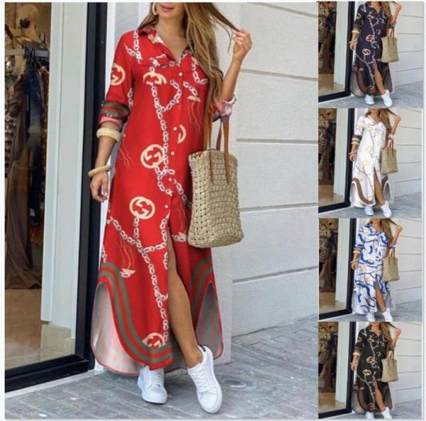 

women's autumn new fashion sleeve chain printed shirt skirt long dress, Black;gray