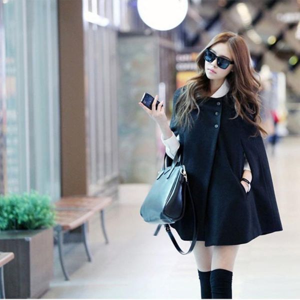 

women winter batwing poncho single-breasted woolen casual loose parka hooded collar long sleeve cloak coat capes jacket for girl, Black